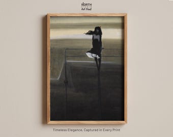 May include: A framed art print featuring a dark, silhouetted figure sitting on a railing against a muted, horizontal landscape. The artwork is encased in a light-toned wooden frame. Above the frame, the text reads North Studio Art Print.