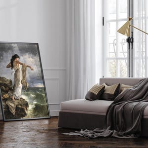 a large painting of a woman standing on a cliff overlooking the ocean, with a couch and a lamp in the background.