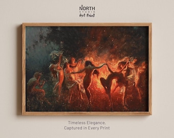 Fire Dance by Joseph Tomanek - Mythical Dark Academia Wall Art, Witchy Nymph Print, Devil's Dance, Mystical Dancing Women Art, Occult Art