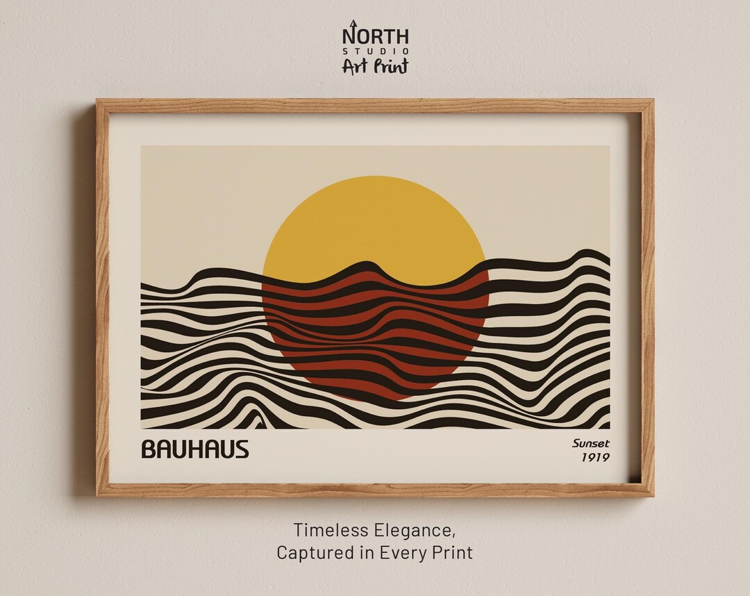 Bauhaus Sunset 1919 Print, Abstract Sun and Ocean Waves, Yellow