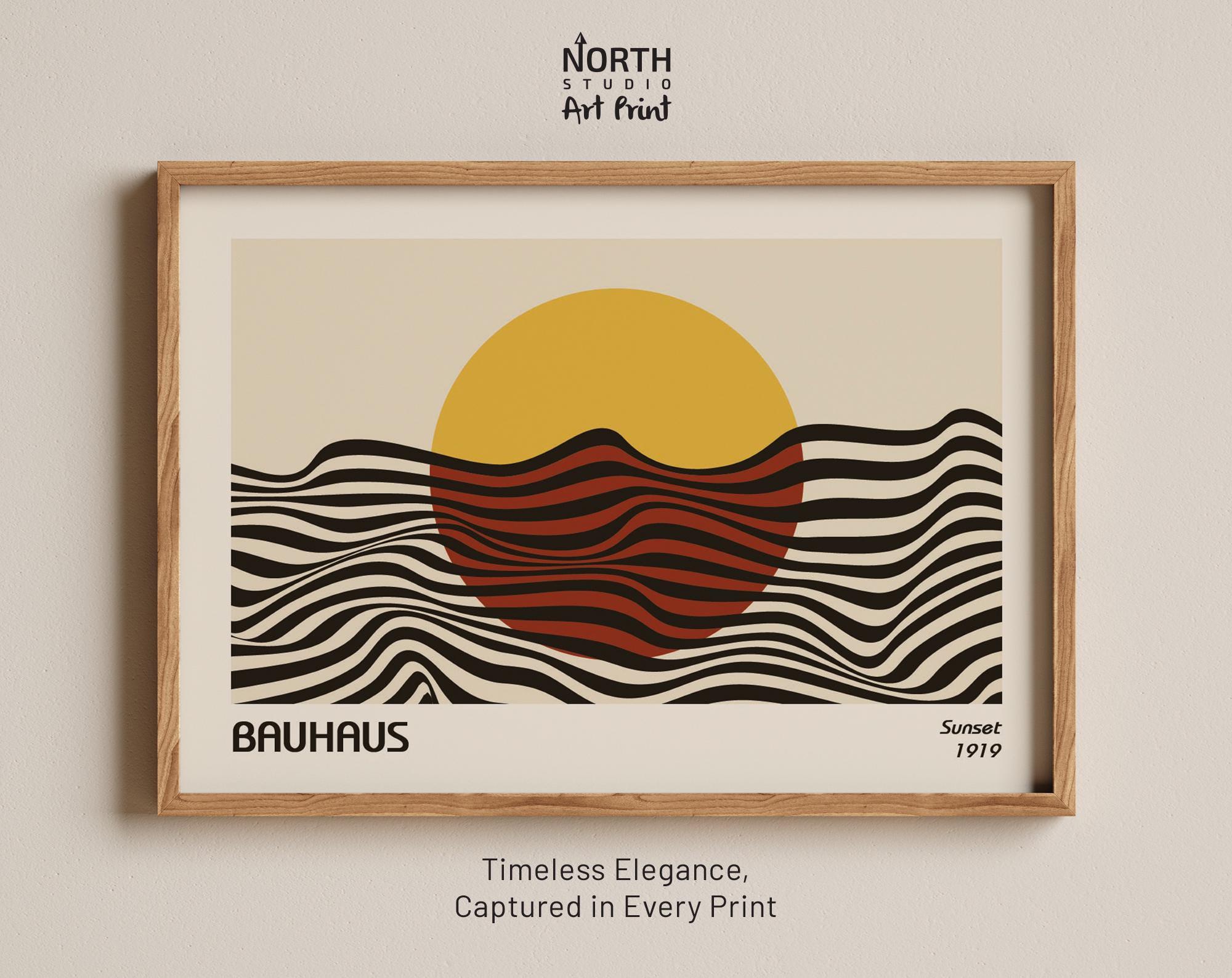 Bauhaus Sunset 1919 Print, Abstract Sun and Ocean Waves, Yellow