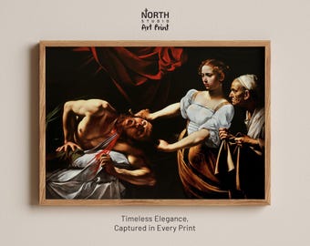 Puede incluir: Una impresión artística enmarcada que presenta una reproducción de Judit decapitando a Holofernes, mostrando a una mujer con blusa blanca y falda dorada junto a una acompañante mayor, y un hombre en una cama con sangre roja. El texto dice North Studio Art Print y Timeless Elegance, Captured in Every Print.