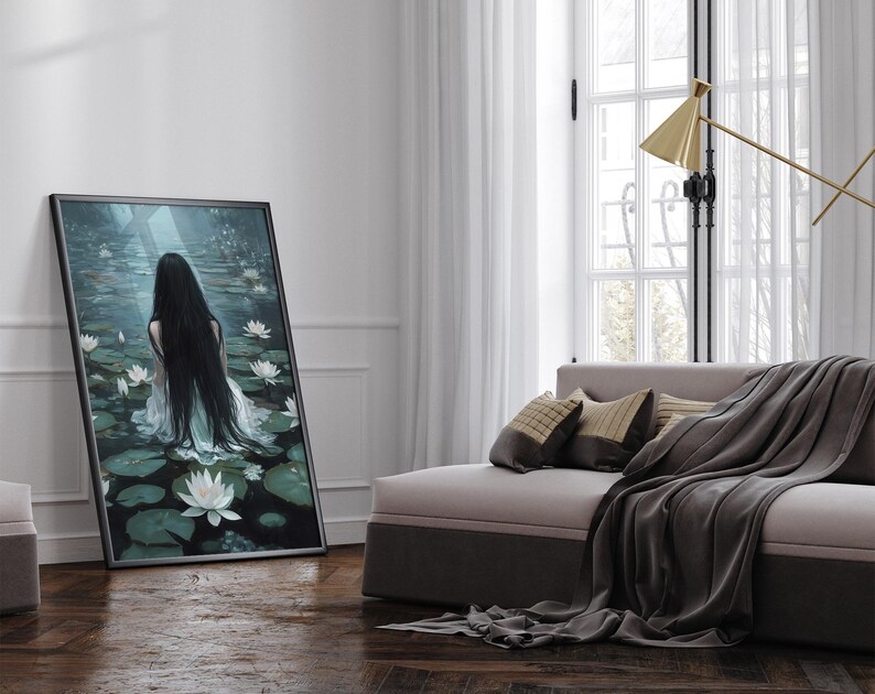 Ophelia mörk gotisk stämningsfullt tryck, mörk akademiskt tryck, mörk estetik, cottagecore-konst, mörk oljemålning, gotisk väggkonst, stämningsfull viktoriansk konst bild 3