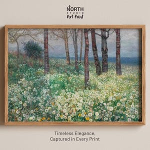 Stampa di un pellicano con un dente di leone, dipinto di un prato di fiori selvatici di Emilie Mediz-Pelikan del 1895, stampa di alberi della foresta da sogno, morbida arte murale di un paesaggio vintage