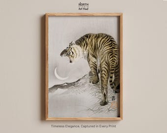 Tiger Roaring at Crescent Moon Art Print, Japanese Tiger