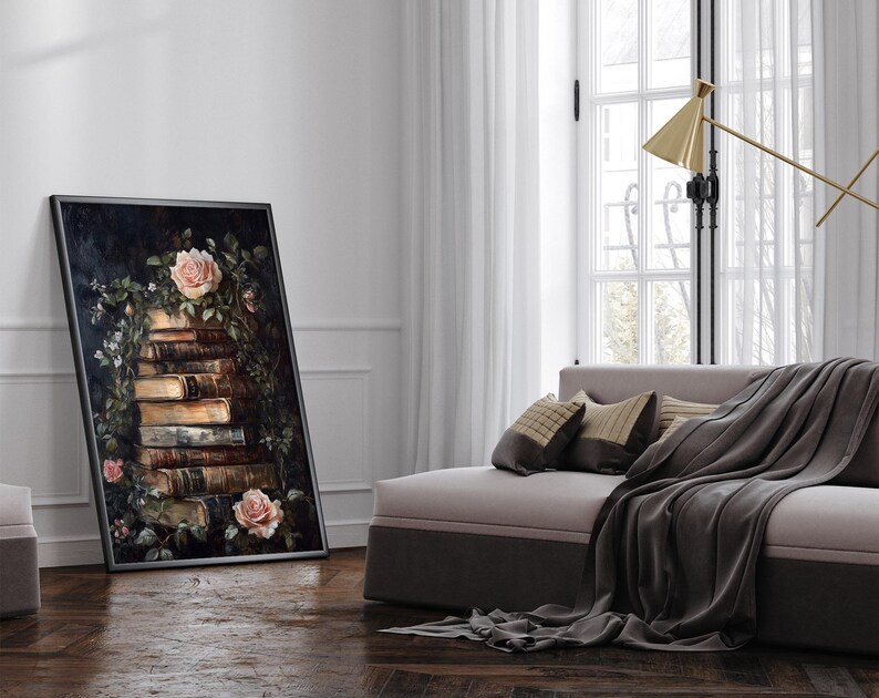 Old Books Print, Dark Academia Art, Cottagecore Wall Art, Vintage Books, Old Books, Wall Art, Vintage Florals, Pink Floral Wall Art image 3