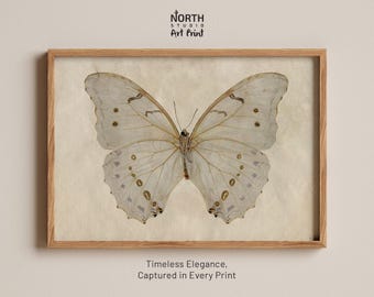 Vintage Butterfly Print, Neutral Wall Art, Natural History Insect Illustration, Minimal Botanical Decor