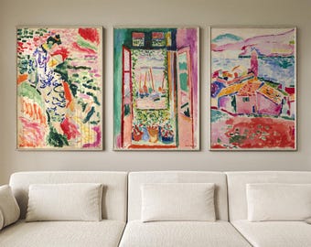 Henri Matisse Set of 3 - Woman Beside the Water, View Of Collioure, Open Window, Colorful Abstract Art Prints for Living Room, Modern Decor