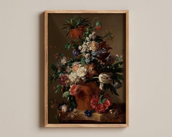 May include: A framed wall art print featuring a still life oil painting of a lush floral bouquet in a terracotta vase. The arrangement includes red, white, and blue flowers with green foliage, set against a dark, muted brown background.