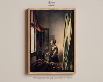 Pôster "Moça Lendo uma Carta à Janela" de Vermeer, Arte de Parede, Impressão em Pôster, Gravuras, Arte Barroca, Pintura Clássica, Arte Inspirada