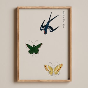 Stampa di rondini e farfalle, arte tradizionale giapponese di uccelli e insetti, xilografia naturale dell'era Edo, illustrazione di fauna selvatica ukiyo-e d'epoca