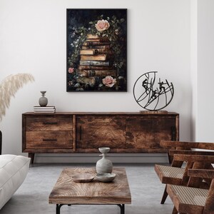 Old Books Print, Dark Academia Art, Cottagecore Wall Art, Vintage Books, Old Books, Wall Art, Vintage Florals, Pink Floral Wall Art image 2