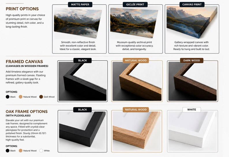 a collection of framed artwork options, including print options, framed canvas options, and frame options. The options are presented in a grid format, with each option described in detail, such as the type of paper, the frame material, and the color. The image does not contain any redundancy or vague descriptions, and it focuses on providing specific information about each option without making generalizations.