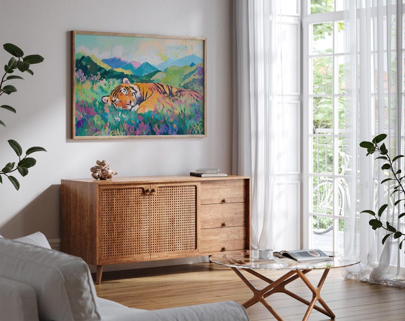 Estampado de tigre durmiendo, estampado de vida silvestre, arte colorido, decoración de la jungla, póster de animales, arte mural de la naturaleza, estampado vibrante, vida silvestre moderna imagen 3
