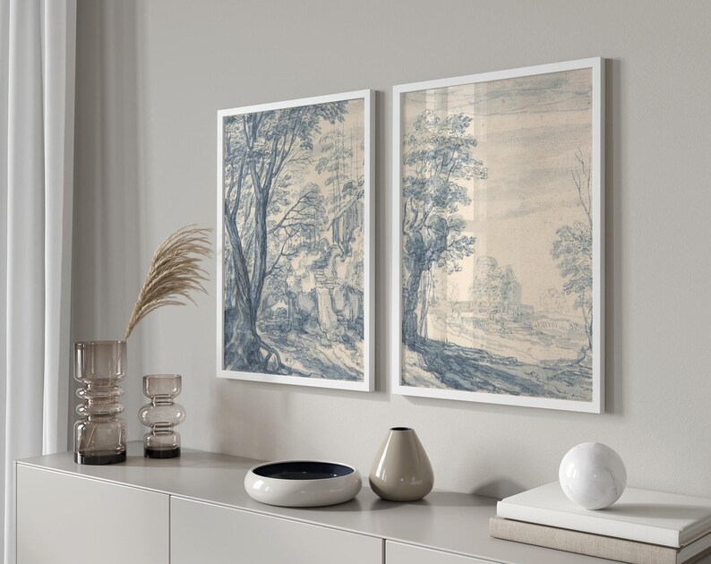 Blue Willow Wall Art Set of 2, Vintage Landscape Prints, Classic ...