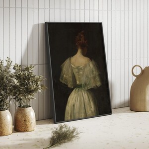 Plakat z portretem kobiety w stylu vintage, biała sukienka, dekoracja ścienna, styl vintage, dekoracja ścienna, sztuka nostalgiczna, antyczny portret, prezent w postaci wydruku artystycznego zdjęcie 5