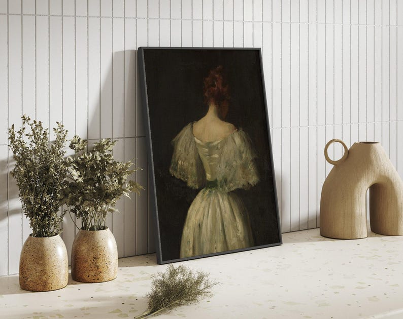 Plakat z portretem kobiety w stylu vintage, biała sukienka, dekoracja ścienna, styl vintage, dekoracja ścienna, sztuka nostalgiczna, antyczny portret, prezent w postaci wydruku artystycznego zdjęcie 5