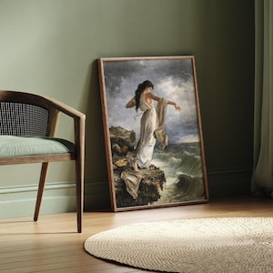 a painting of a woman standing on a cliff, overlooking the ocean, with a wooden chair and a rug in the foreground.