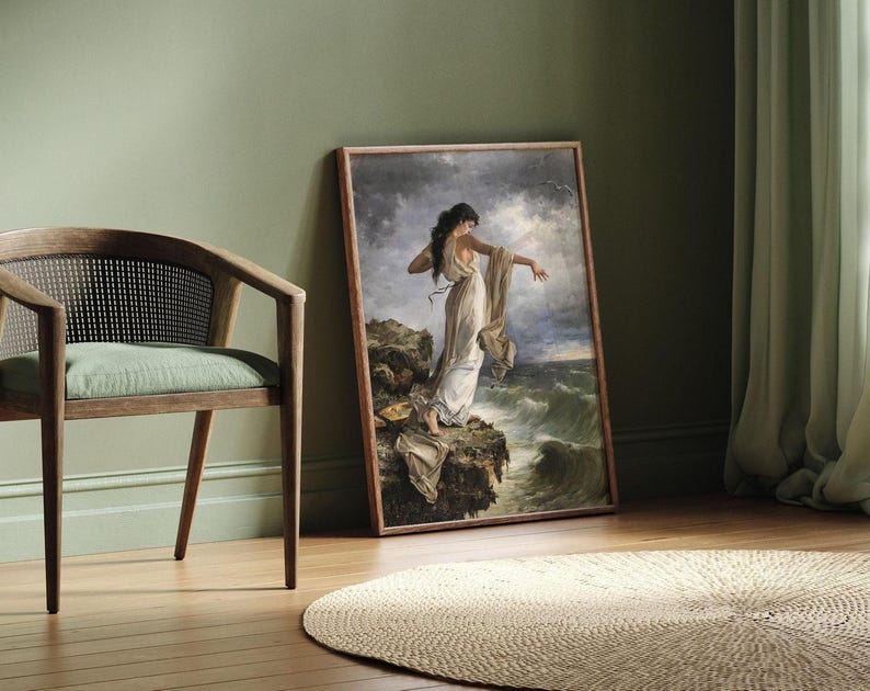 a painting of a woman standing on a cliff, overlooking the ocean, with a wooden chair and a rug in the foreground.