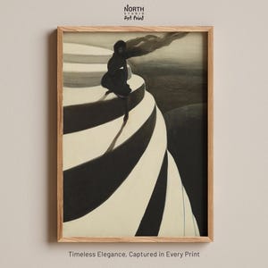 May include: A framed art print featuring a monochromatic illustration of a figure sitting on a curved, tiered structure. The scene uses high-contrast black and white tones to depict shadows and light. The text North Studio Art Print appears above.