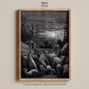 The Wolves And The Sheep By Gustave Dore, Dark Gothic Art, Vintage Black and White Illustration, Grim Fairy Tale Wall Decor, Moody Art Print