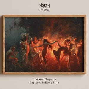 Feuertanz von Joseph Tomanek - Mythische Dark Academia Wandkunst, Witchy Nymphe Druck, Teufelstanz, mystische tanzende Frauenkunst, okkulte Kunst