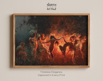 Fire Dance by Joseph Tomanek - Mythical Dark Academia Wall Art, Witchy Nymph Print, Devil's Dance, Mystical Dancing Women Art, Occult Art