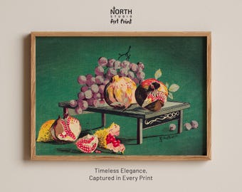 Pomegranates and Grapes by Kobayashi Kiyochika Vintage Still Life Poster, Fall Red Fruit Art, Rustic Farmhouse Autumn, Kitchen Decor
