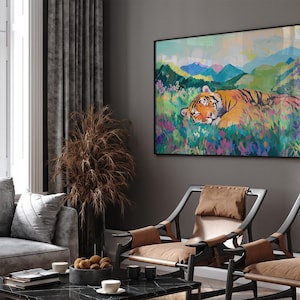Estampado de tigre durmiendo, estampado de vida silvestre, arte colorido, decoración de la jungla, póster de animales, arte mural de la naturaleza, estampado vibrante, vida silvestre moderna imagen 5