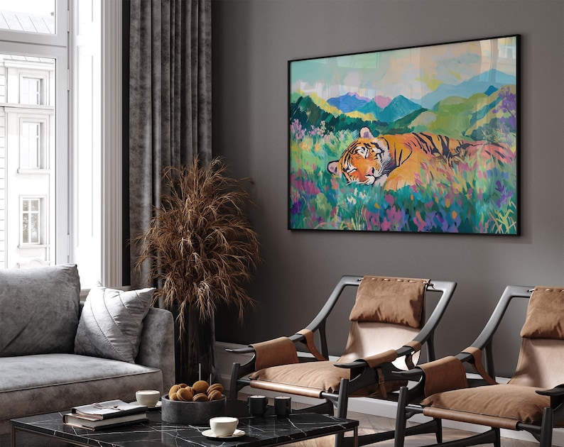 Estampado de tigre durmiendo, estampado de vida silvestre, arte colorido, decoración de la jungla, póster de animales, arte mural de la naturaleza, estampado vibrante, vida silvestre moderna imagen 5