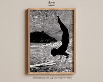 Vintage Surfer Print, Waikiki Hawaii Wall Art, 1930s Surfing Poster, Black and White Surf Art, Hawaiian Beach Decor, Coastal Wall Art