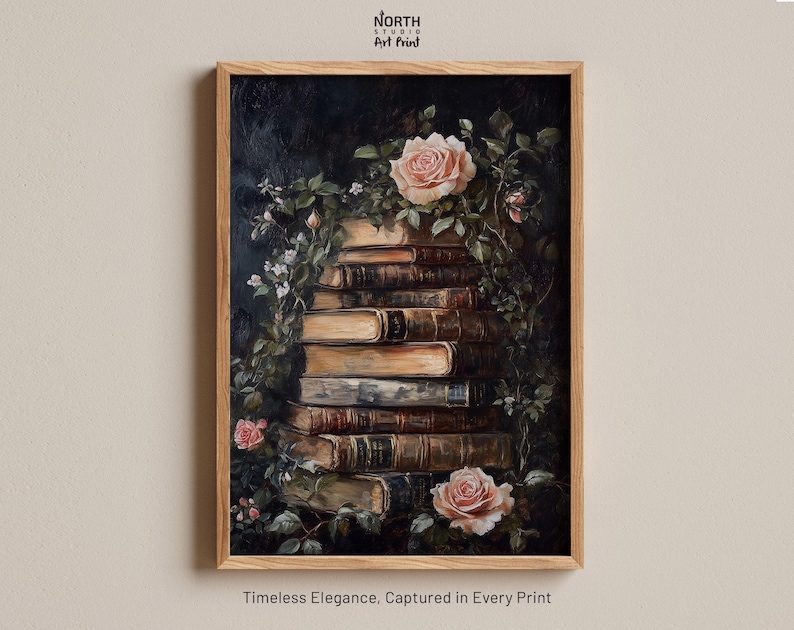 Old Books Print, Dark Academia Art, Cottagecore Wall Art, Vintage Books, Old Books, Wall Art, Vintage Florals, Pink Floral Wall Art image 1