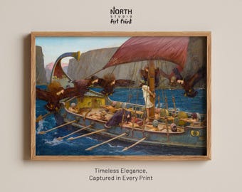 Ulysses and the Sirens by John William Waterhouse Print, Greek Mythology Wall Art, Pre Raphaelite Painting, Odysseus Art, Siren Poster