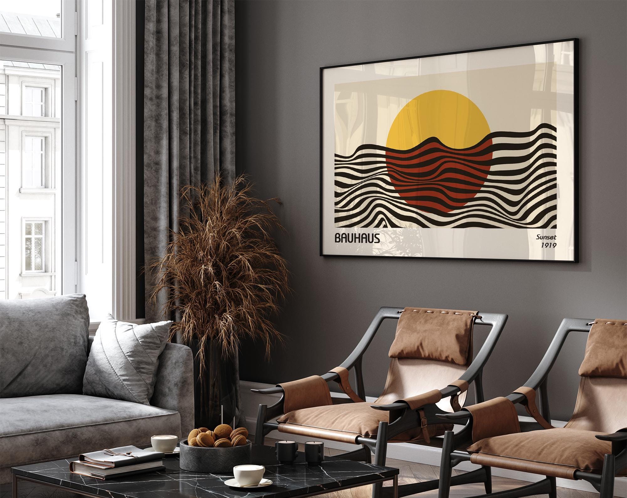 Bauhaus Sunset 1919 Print, Abstract Sun and Ocean Waves, Yellow