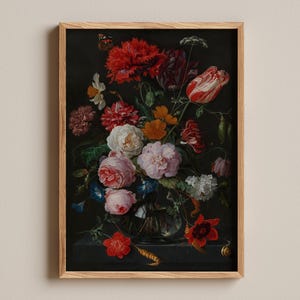 Flowers in a Glass Vase Print, Jan Davidsz de Heem & Rachel Ruysch, Floral baroque painting, Classic flower, Vintage botanical illustration