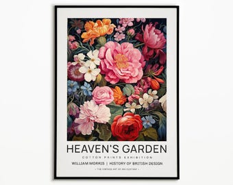 William Morris inspiriertes Plakat, rosa Pfingstrosen, William Morris Ausstellungskunst, Plakat, Vintage Wandkunst, Blumenkunst, Vintage rosa Plakat,