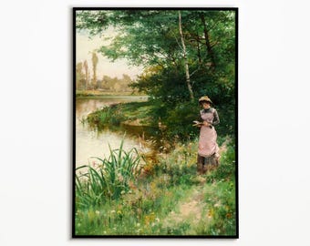 Women Walking and Reading by the River, Wall Art, Landscape