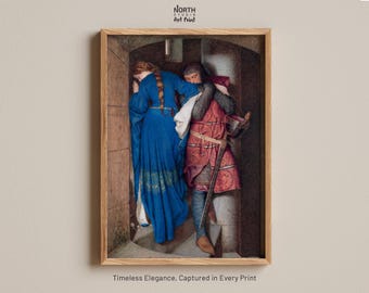 The Meeting on the Turret Stairs by Frederic William Burton Print, Medieval Romance Art, Pre Raphaelite Wall Art, Lovers Painting