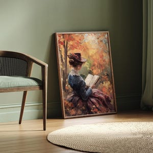 Woman Reading Book, Autumn Art, Rustic Fall Art, Farmhouse Decor, Reading Art, Forest Wall Art, Vintage Fall Print image 6