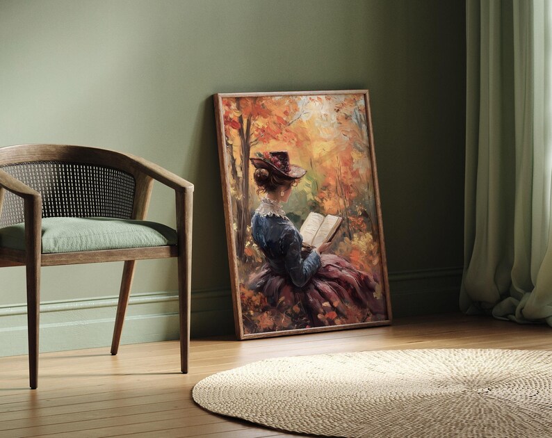 Woman Reading Book, Autumn Art, Rustic Fall Art, Farmhouse Decor, Reading Art, Forest Wall Art, Vintage Fall Print image 6