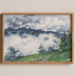 Neblige Berglandschaft, Friedrich von Scheidlin Aquarell, Atmosphärische Natur Malerei, Nebliges Tal Poster, Serene Landschaft Kunst
