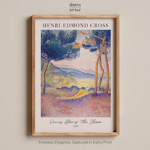 Stampa "Pini lungo la riva", Henri-Edmond Cross 1896 Stampa neoimpressionista, vivace arte costiera puntinista, decorazione con pini mediterranei