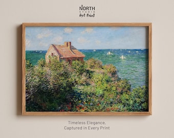 Póster de Cabaña de pescador en los acantilados de Claude Monet, arte mural, arte en póster, pintura costera, inspiración en la naturaleza, elegancia artística