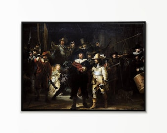May include: An oil painting depicting a large group of figures in dark clothing, including two central men in black and yellow outfits, surrounded by individuals holding spears and muskets, with a young girl in a bright dress illuminated in the scene.