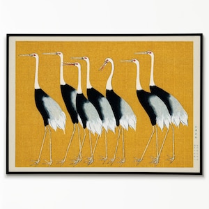 Japanische Kraniche Poster, japanische Kunst, Vintage Wandkunst, Antike Wandkunst, Vogelwand, gelber Druck