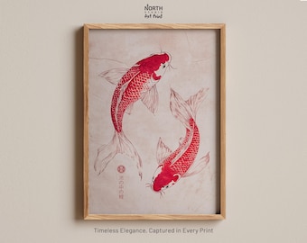 May include: A framed art print featuring two red koi fish swimming on a light beige background with subtle texture. The print includes the text North Studio Art Print at the top, Japanese characters, and the text Timeless Elegance, Captured in Every Print.