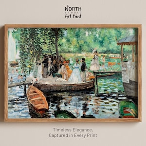 May include: A framed art print of a classic Impressionist painting. The artwork depicts a group of people on a boat dock, with a small wooden boat in the foreground. The scene is set on a lake with lush greenery in the background. The print has the text "North Studio Art Print" and "Timeless Elegance, Captured in Every Print".