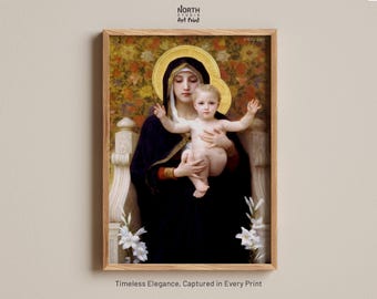 The Virgin of the Lilies by William Bouguereau Print, Virgin Mary Wall Art, Madonna and Child Painting, Catholic Art, Christian Decor