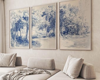 Blue Willow Wall Art Set of 3 Vintage Landscape Prints, Classic ...