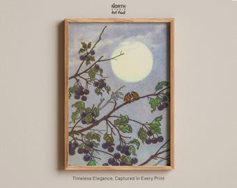 May include: A framed art print featuring a light-coloured moon in a pale blue sky behind branches laden with dark purple berries and two ladybugs. The text North Studio Art Print appears at the top, and Timeless Elegance, Captured in Every Print at the bottom.